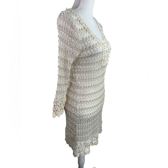 Solitaire Swim Coverup Size M Ivory Tan Gold Crocheted Long Sleeve Dress Beach - Picture 3 of 11